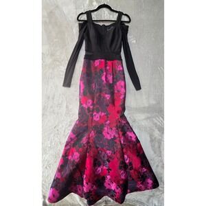 Avery G Womens 2 Black Pink Floral Mermaid Maxi Dress Cold Shoulder Formal Gown